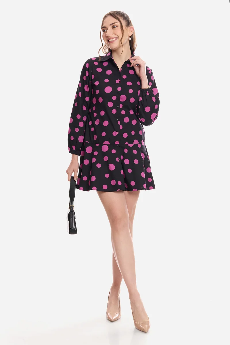 فيرجيو Polka Dots Cotton Polka Tiered Shirt Dress for Women