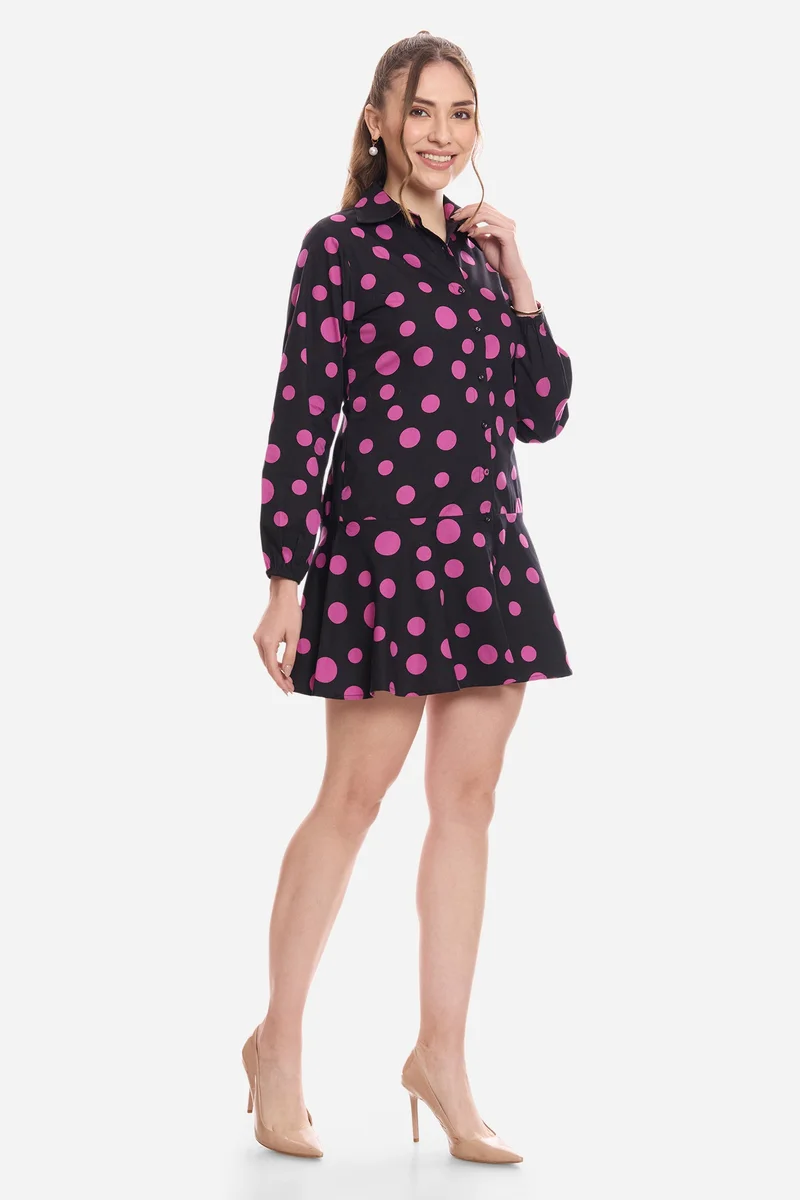 Virgio  Polka Dots Cotton Polka Tiered Shirt Dress for Women for Women | Best Price UAE