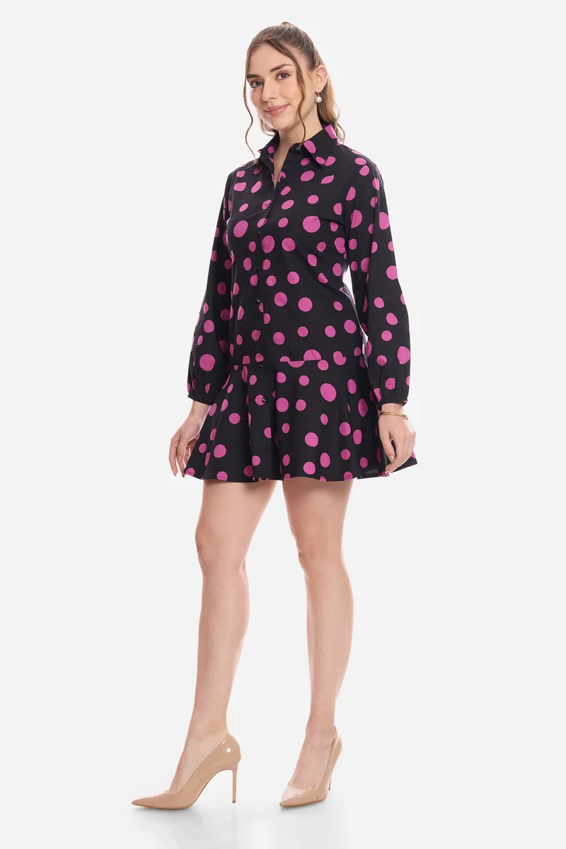 Virgio  Polka Dots Cotton Polka Tiered Shirt Dress for Women for Women | Best Price UAE