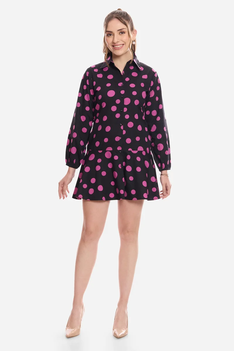فيرجيو Polka Dots Cotton Polka Tiered Shirt Dress for Women