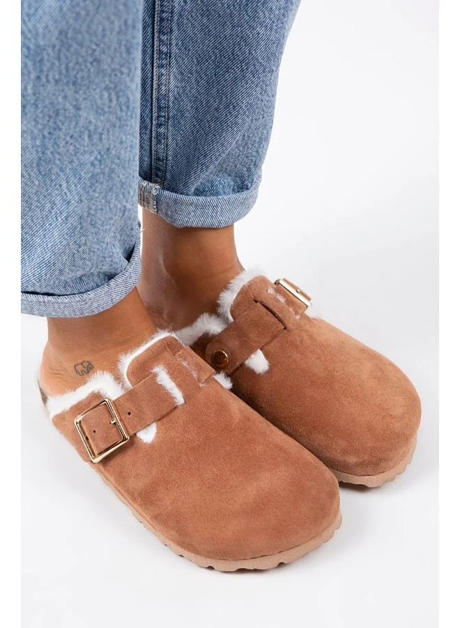 Manijero  Zeta Women's Fur-Lined Genuine Leather Buckled Belted Fur-Lined Tile Suede Slippers - Orange for Women | Best Price UAE