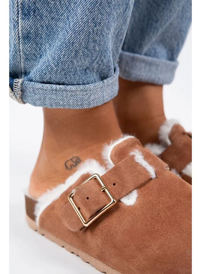 Manijero  Zeta Women's Fur-Lined Genuine Leather Buckled Belted Fur-Lined Tile Suede Slippers - Orange for Women | Best Price UAE