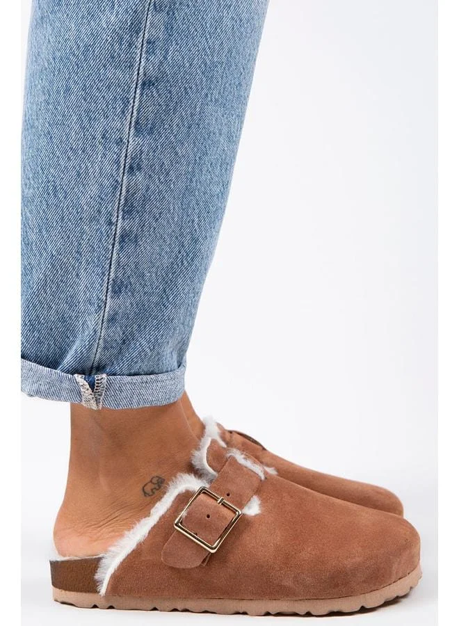Zeta Women's Fur-Lined Genuine Leather Buckled Belted Fur-Lined Tile Suede Slippers - Orange
