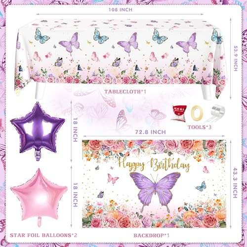 TREWAVE Butterfly Birthday Decorations Party Supplies for Girls Women with Pink Purple Balloon Arch Kit Backdrop Tablecloth Butterfly Wall Decor Foil Balloons Cake Toppers - Image 2