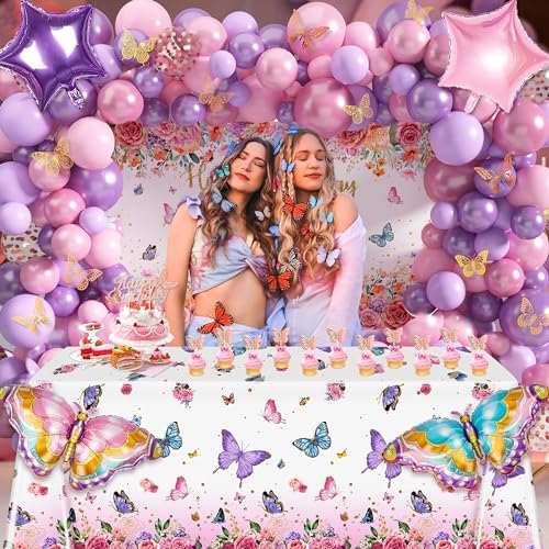 TREWAVE Butterfly Birthday Decorations Party Supplies for Girls Women with Pink Purple Balloon Arch Kit Backdrop Tablecloth Butterfly Wall Decor Foil Balloons Cake Toppers - Image 5