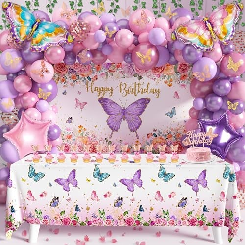 TREWAVE Butterfly Birthday Decorations Party Supplies for Girls Women with Pink Purple Balloon Arch Kit Backdrop Tablecloth Butterfly Wall Decor Foil Balloons Cake Toppers - Image 1