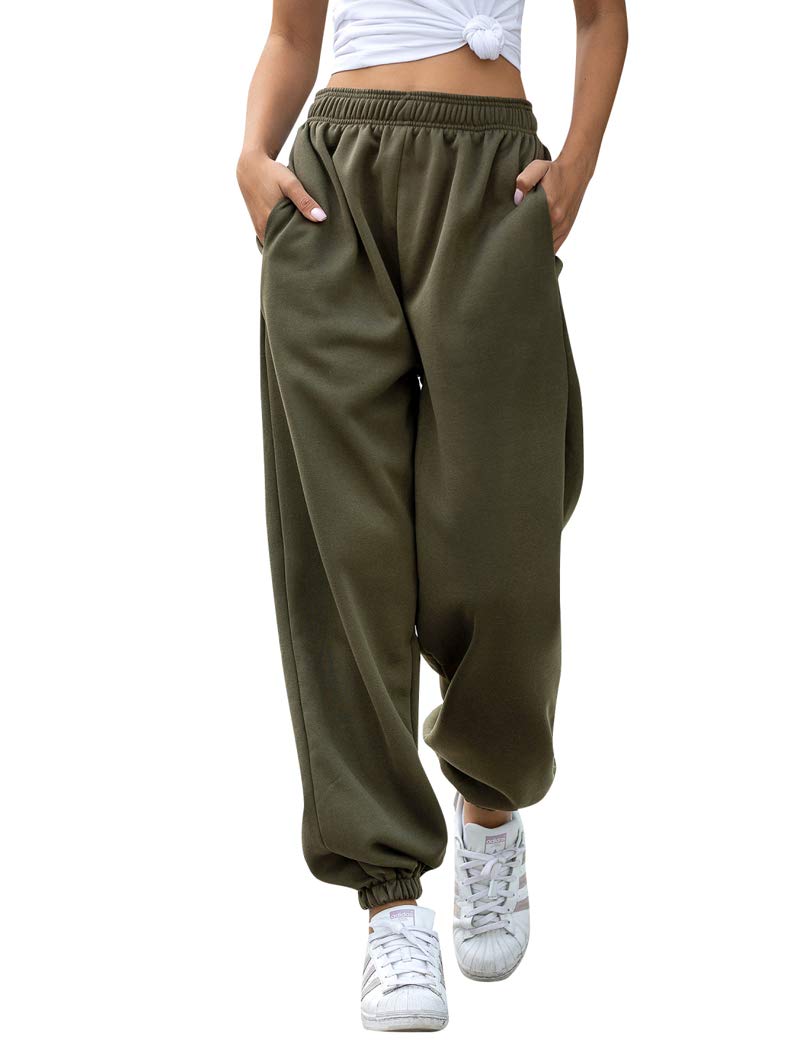 HeSaYep Women's High Waisted Sweatpants Workout Active Joggers Pants Baggy Lounge Bottoms,Army Green L - Image 1