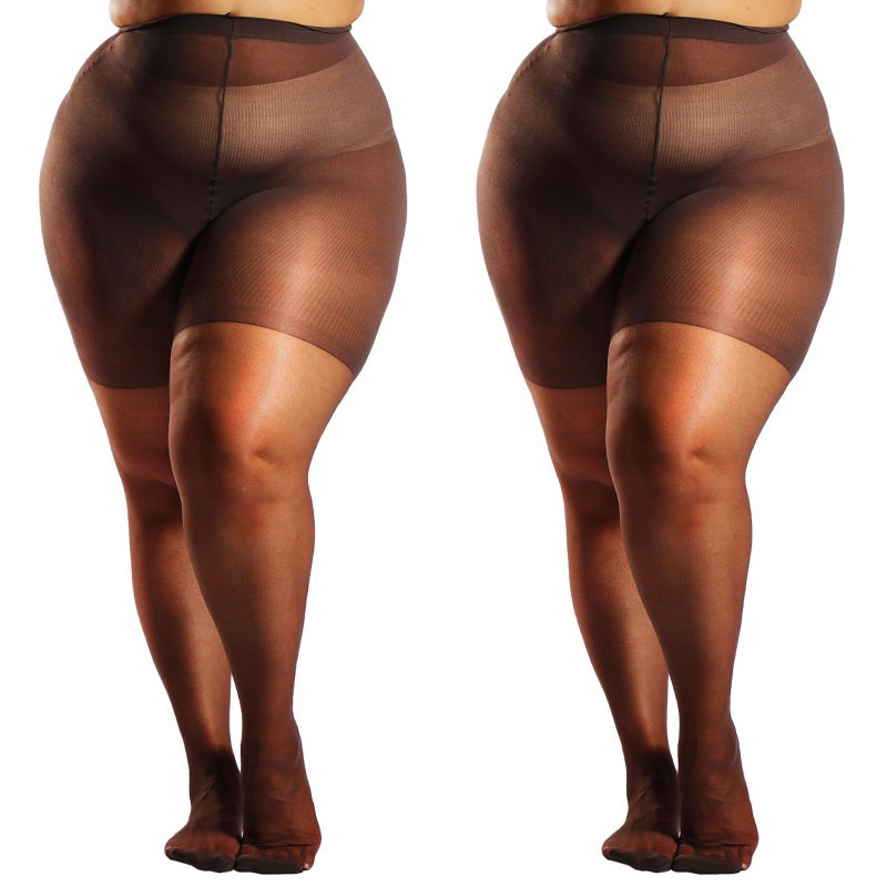 HONENNA 2 Pairs Plus Size Sheer Tights for Women, 17 Colors Ultra Thin Pantyhose Reinforced Toes High Waist Stockings, Coffee 2 Pairs 3XL-4XL - Image 1