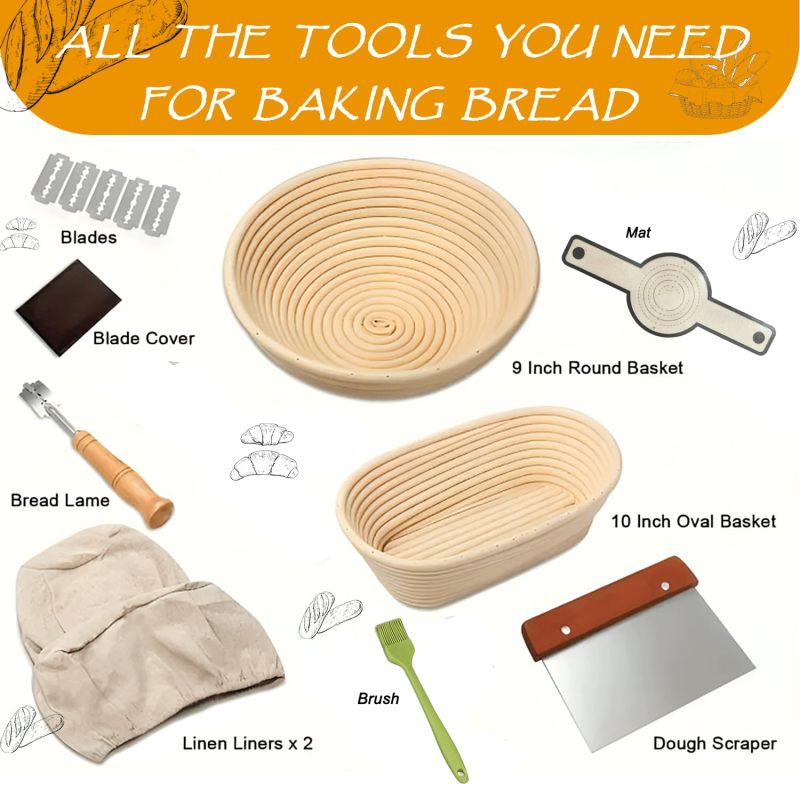 Sourdough Proofing Basket Set: 8-Piece Premium Rattan Kit With Breathable Linen Liners - Precision Bread Lame Danish Dough Whisk for Home Bakers Beginners Seasoned Artisan Bread Makers - Image 2