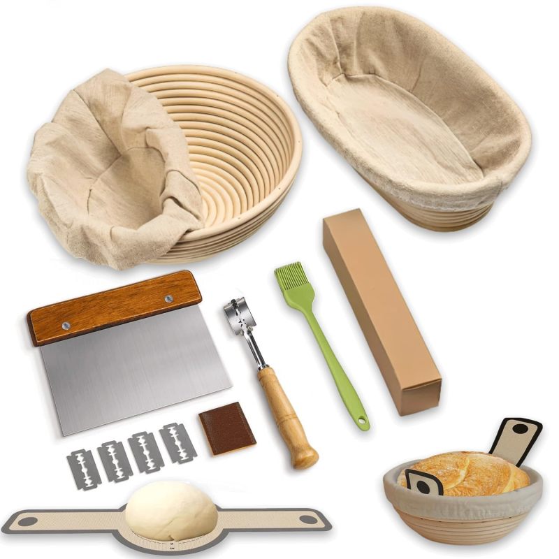 Sourdough Proofing Basket Set: 8-Piece Premium Rattan Kit With Breathable Linen Liners - Precision Bread Lame Danish Dough Whisk for Home Bakers Beginners Seasoned Artisan Bread Makers - Image 1