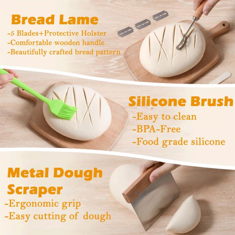 Sourdough Proofing Basket Set: 8-Piece Premium Rattan Kit With Breathable Linen Liners - Precision Bread Lame Danish Dough Whisk for Home Bakers Beginners Seasoned Artisan Bread Makers - Image 5