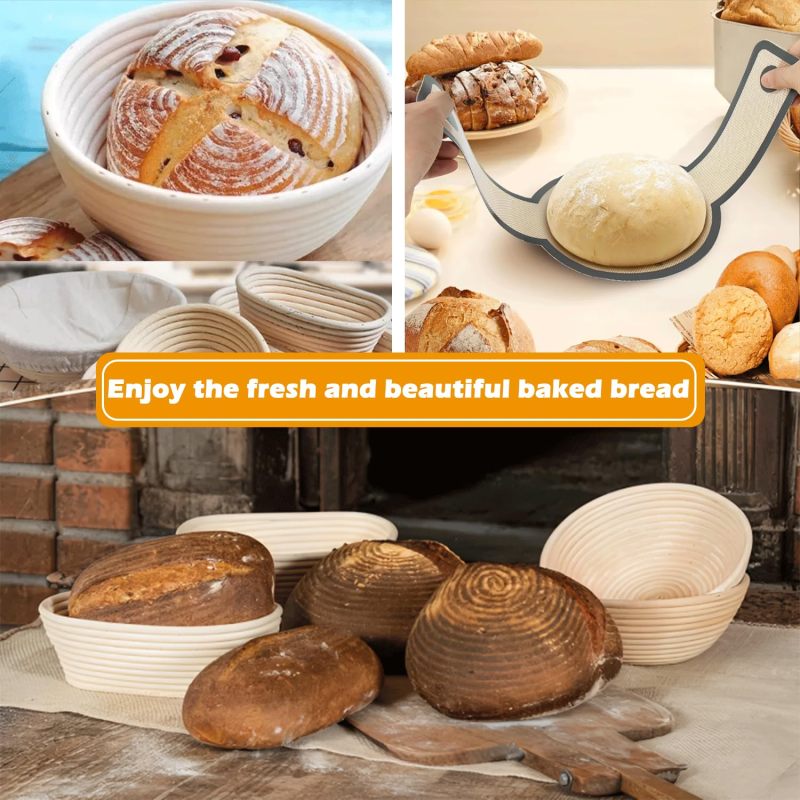 Sourdough Proofing Basket Set: 8-Piece Premium Rattan Kit With Breathable Linen Liners - Precision Bread Lame Danish Dough Whisk for Home Bakers Beginners Seasoned Artisan Bread Makers - Image 3