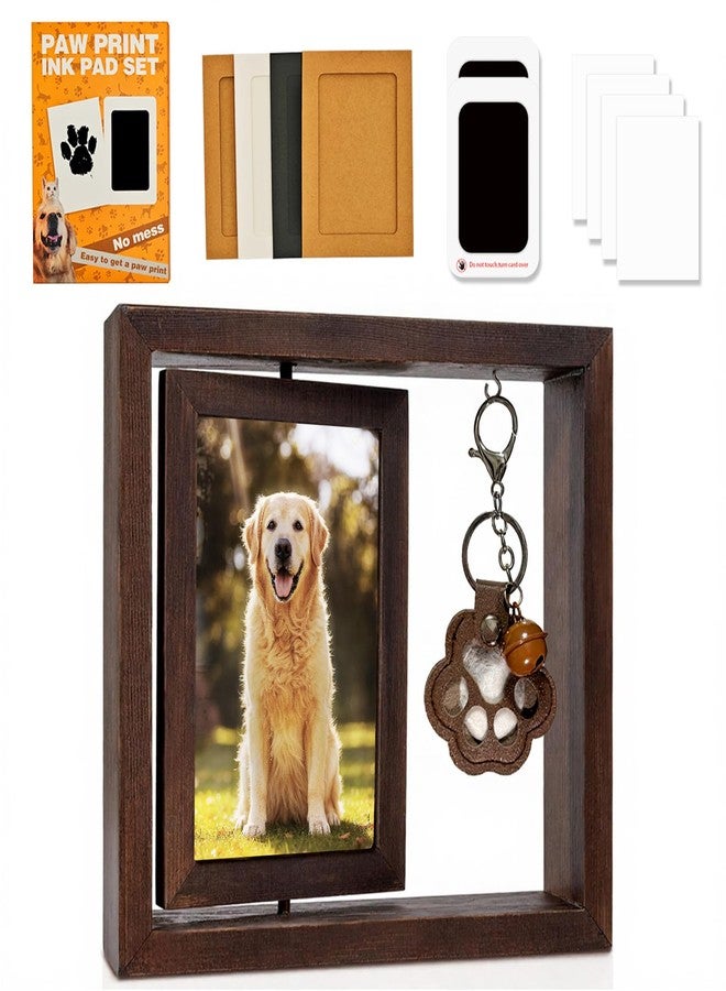 KUEIOX Dog Memorial Picture Frame Gift Set for Dog Cat,Pet Rotating Wooden Photo 4.7x6.9 Frame-4 Sets Inkless Paw Print Kit & Paper Picture Frames-Furever Keychain Keepsake(Brown) - Image 1