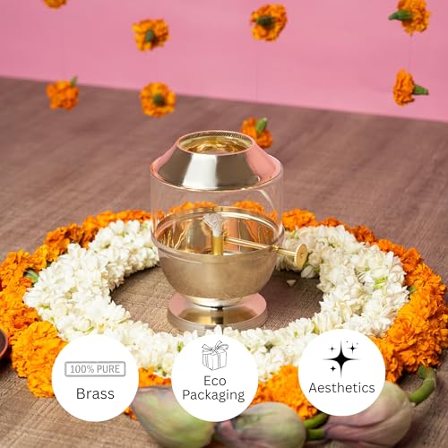 DecoHome 100% Pure Brass Akhand Jyot Diya for Temple | Navratri Jyot with Adjustable Bati Knob, Wick Lifting Screw Lever & Glass Cover (Big Size, 150 ml Oil Capacity) - Image 5