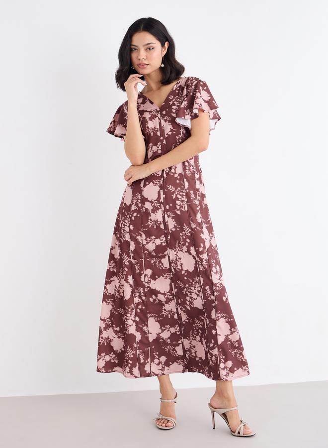 Styli Women Brown Floral Frill Sleeve Maxi Dress - Image 2