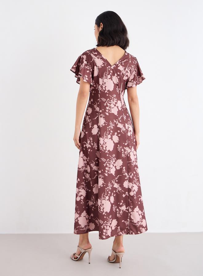 Styli Women Brown Floral Frill Sleeve Maxi Dress - Image 5