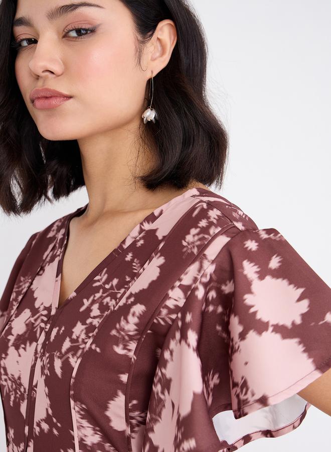 Styli Women Brown Floral Frill Sleeve Maxi Dress - Image 4