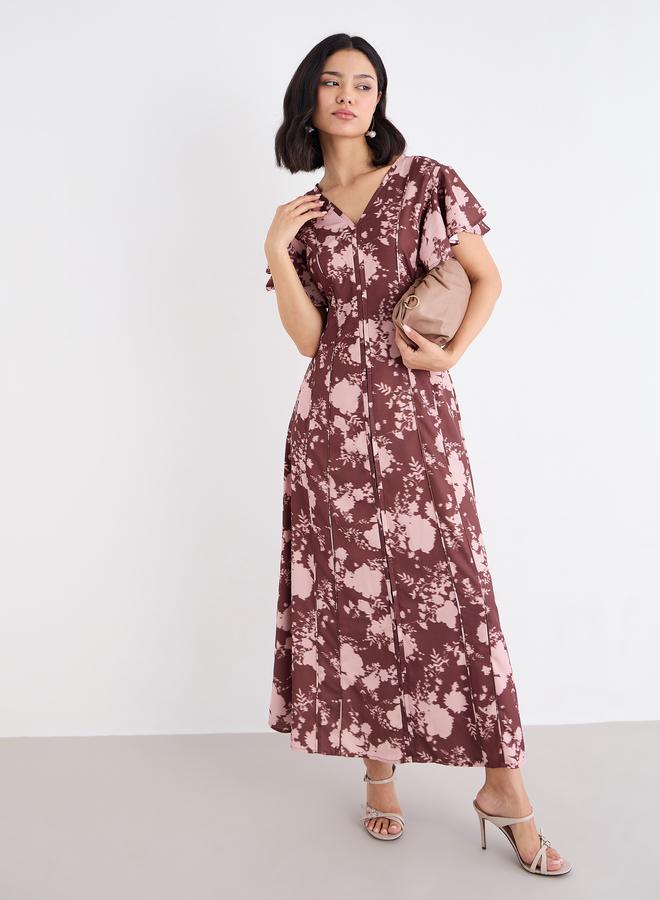 Styli Women Brown Floral Frill Sleeve Maxi Dress - Image 1