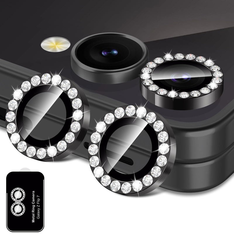 Avocase for Samsung Galaxy Z Flip 7 Camera Lens Protector, Individual Metal Ring Tempered Glass Lens Cover, [Strong Adsorption] Scratch Resistant Ultra-Thin HD Clear Lens Cover, 1 Set-Black Diamond - Image 1