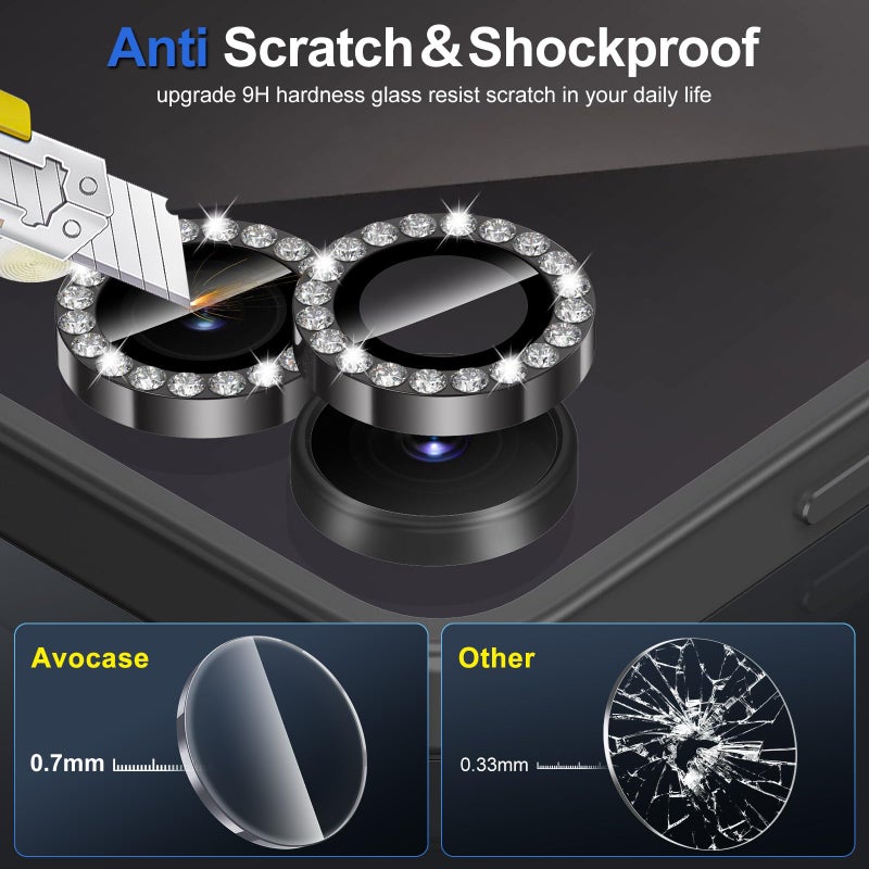 Avocase for Samsung Galaxy Z Flip 7 Camera Lens Protector, Individual Metal Ring Tempered Glass Lens Cover, [Strong Adsorption] Scratch Resistant Ultra-Thin HD Clear Lens Cover, 1 Set-Black Diamond - Image 3