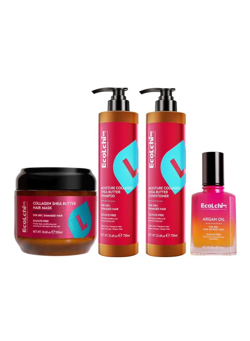 Ecolchi Hair Mask Shampoo and Conditioner Argan Oil Set Natural Herbal Moisture Collagen Deep Repair Hair Treatment Shampoo Conditioner Set for Dry and Damaged All Hair Types 550+2X750+60ml - Image 1
