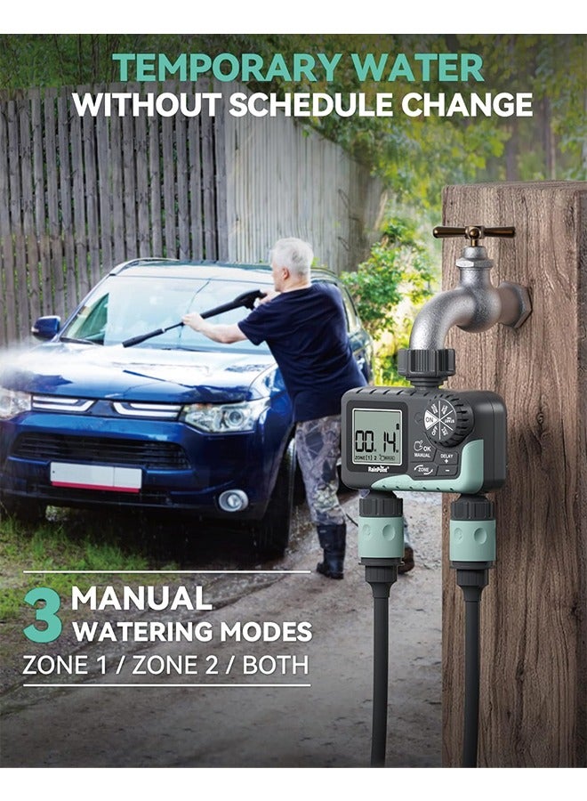 مؤقت مياه RAINPOINT لخرطوم الحديقة - مؤقت رشاش بـ 2 منطقة مع تأخير مطري/سقي يدوي/نظام تحكم ري آلي - مؤقت خرطوم مياه يمكن برمجته لمؤقت صنبور للحديقة والعشب - Image 4