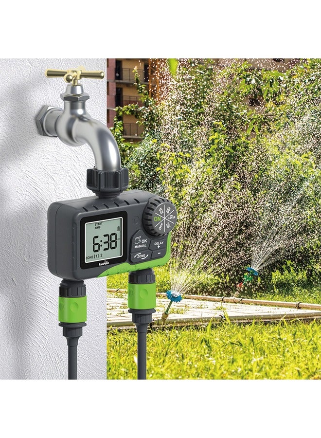 مؤقت مياه RAINPOINT لخرطوم الحديقة - مؤقت رشاش بـ 2 منطقة مع تأخير مطري/سقي يدوي/نظام تحكم ري آلي - مؤقت خرطوم مياه يمكن برمجته لمؤقت صنبور للحديقة والعشب - Image 2