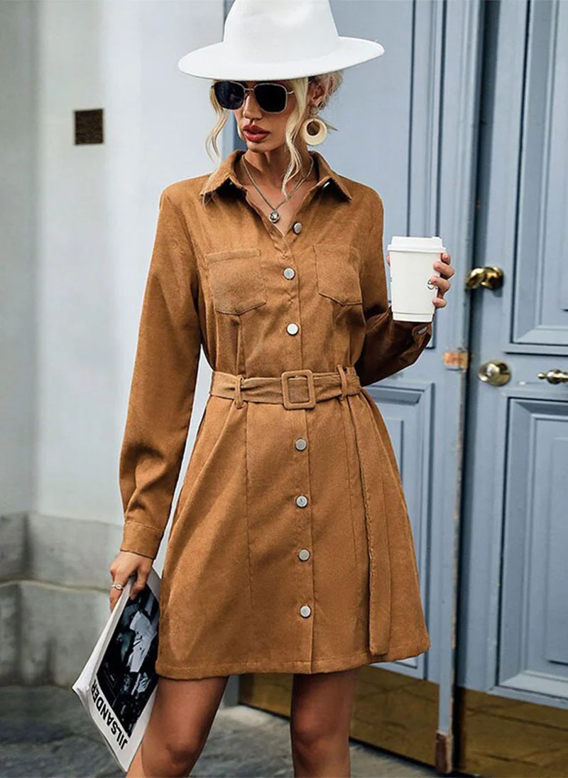 يونيكي Brown Solid Shirt Dress