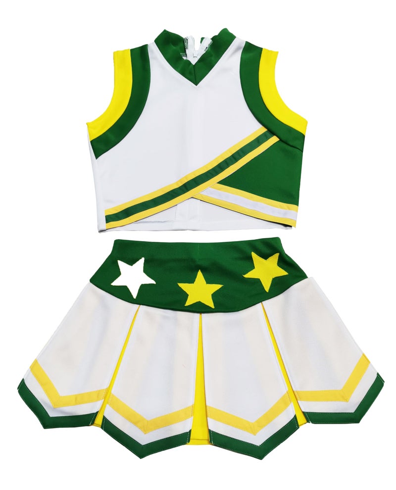 Total 2550 Little Girls' Kids Children Dress Cheerleader Costume Uniform Cheerleading Outfit Halloween White/Green/Yellow (XXL / 14-16) - Image 1