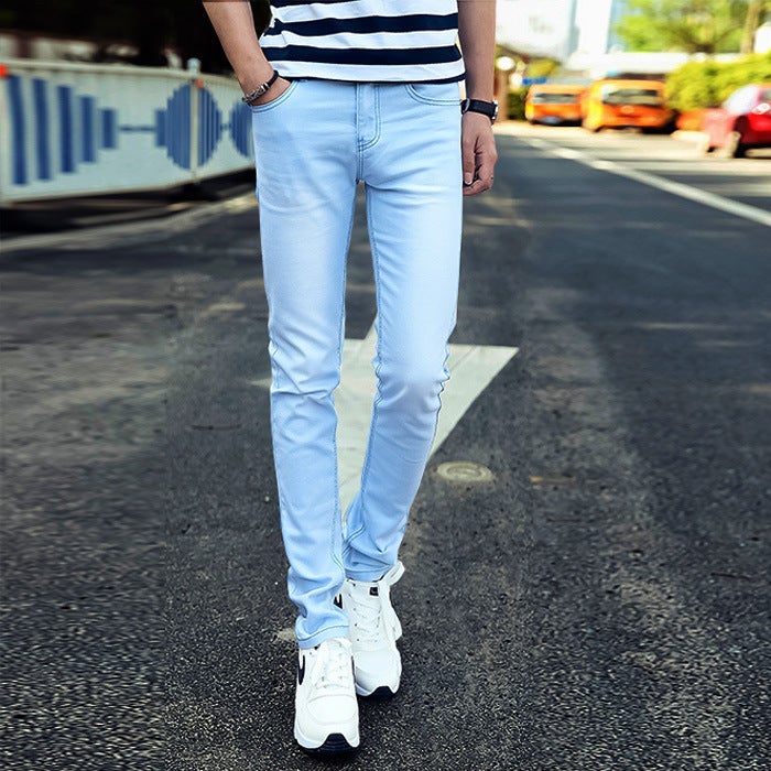 Generic Youth stretch mens light blue snowflake jeans mens slim black skinny pants Korean style boys long pants 802# Sky Blue 