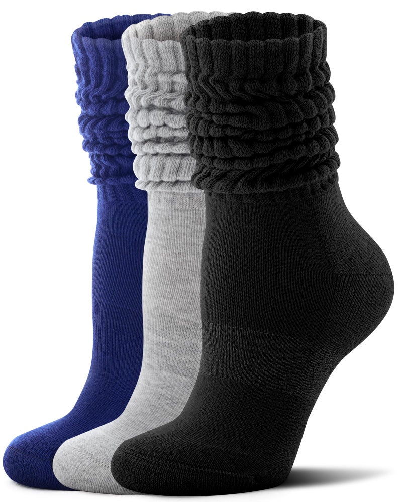 FITRELL Slouch Socks for Women, 3 Pairs Soft Cotton Knee High Scrunch Tube Boot Socks, Navy+Light Grey+Black, Small-Medium - Image 1