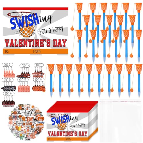 Gosodeny 28 Pack Basketball Party Favor Set with Mini Hoop Pens Keychains Stickers Exchange Cards and Gift Bags Bulk Gifts Sports Birthday Goodie Bag Fillers for Adult - Image 1