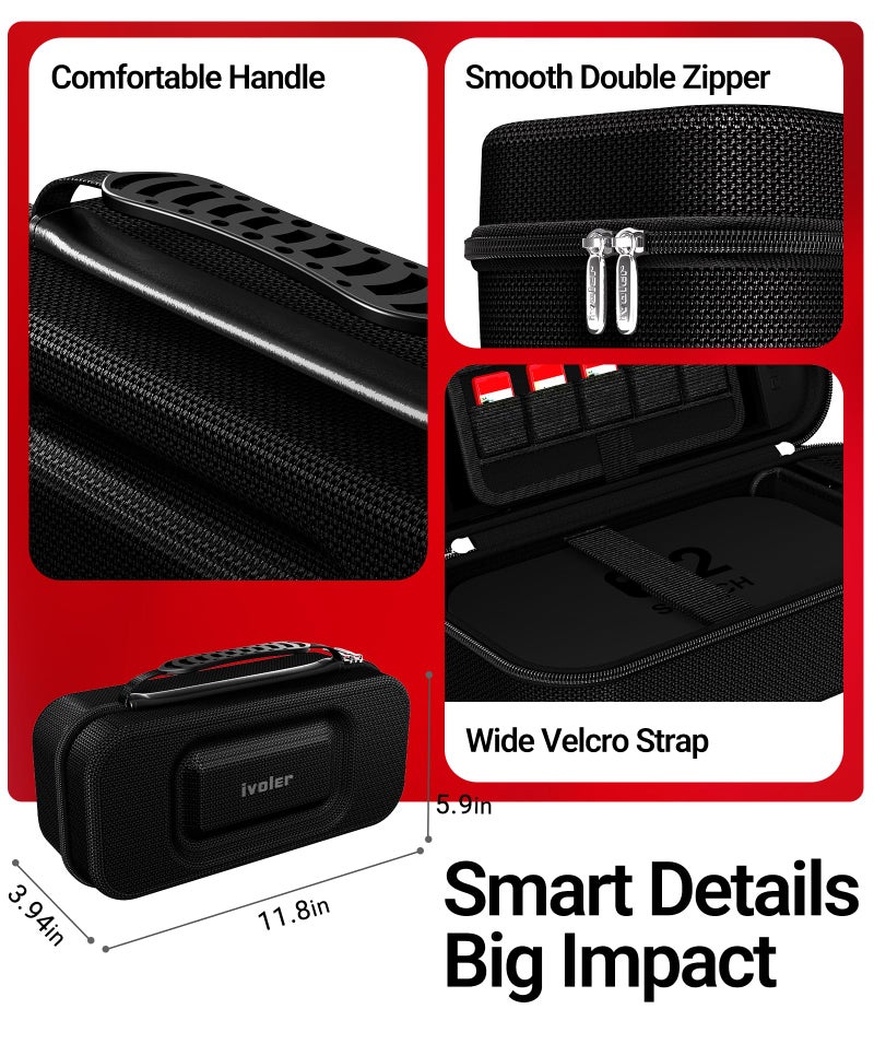 ivoler Carrying Case for Nintendo Switch 2/Switch/OLED Model, Large Capacity Portable Travel Case Fits Switch 2 Dock or Pro Controller, 10 Game Card Slots, Protective Storage Bag - Black - Image 4
