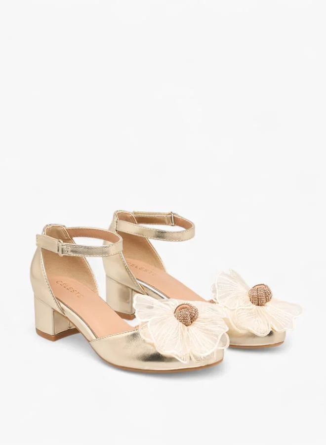 Celeste Girls Floral Embellished Shoes With Hook And Loop Closure