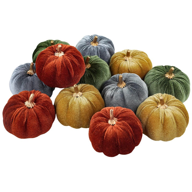 Winlyn 12 Pcs Assorted Small Faux Harvest Velvet Pumpkins Decorative Rust Olive Gold Gray Fabric Pumpkins Foam Pumpkins 3"" for Fall Wedding Thanksgiving Halloween Table Centerpiece Farmhouse Decor - Image 1