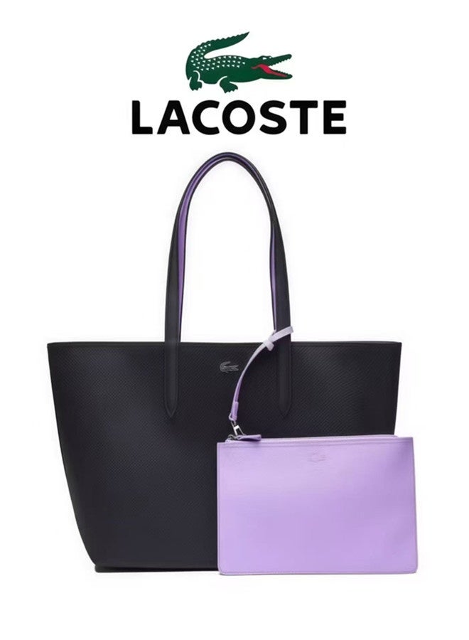 لاكوست النساء مزدوجة الجانبين لونين كبيرة السعة حقيبة اليد، عصرية متعددة الوظائف، الأسود والأرجواني - Image 1