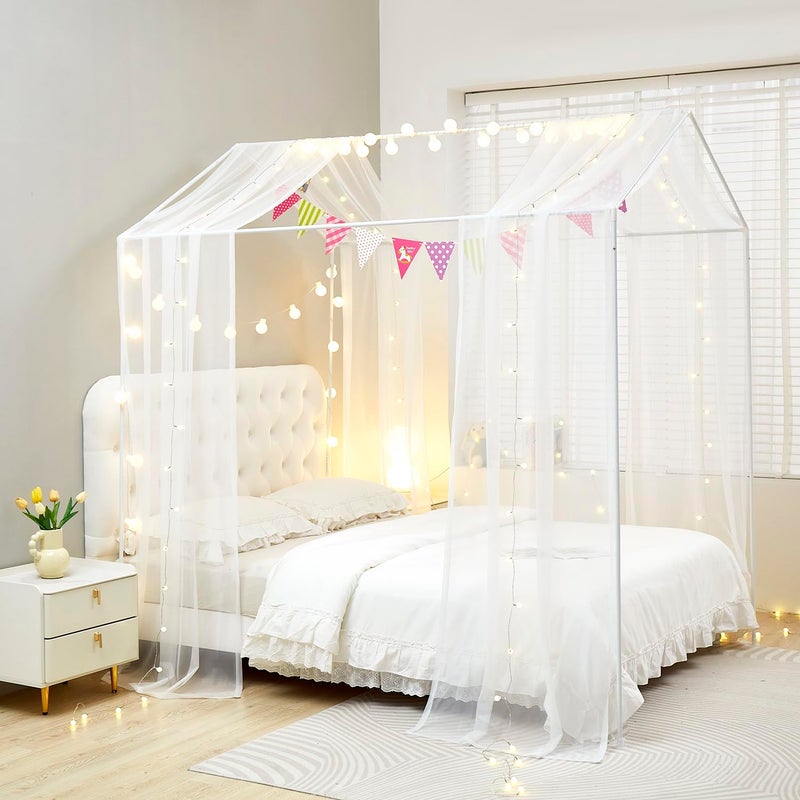 Mengersi House Bed Canopy Bed Curtains with LightsMontessori Floor Bed Canopy for Girls BoysFour Poster Bed Curtains House Bed Decoration TwinTwin XL White