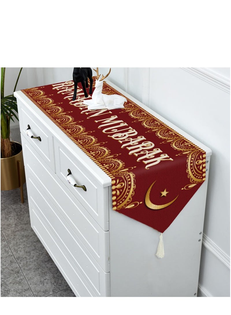 XiuWoo Eid Mubarak Table Runner with Tassels, Ramadan Mosque Tablecloth, Muslim Islamic Iftar Party Table Decor for Home Ramadan Decorations - Image 2