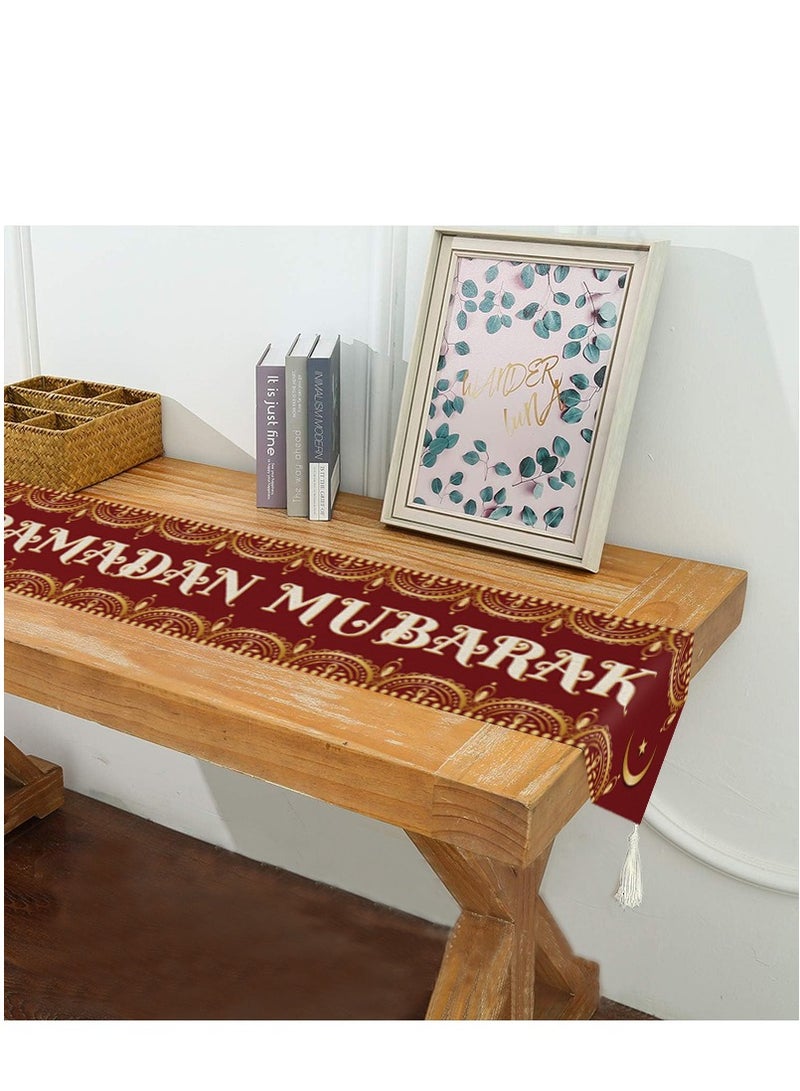 XiuWoo Eid Mubarak Table Runner with Tassels, Ramadan Mosque Tablecloth, Muslim Islamic Iftar Party Table Decor for Home Ramadan Decorations - Image 1