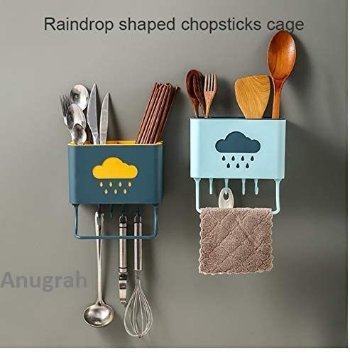 Anugrah Self Adhesive Plastic Wall Mounted Kitchen Cutlery Holder Stand with Shower Rack Shelf Towel Holder with 4 Hook Random Color KITCHEN HOLDER HOOK 1PIS Pack of 1 Pc - Image 3