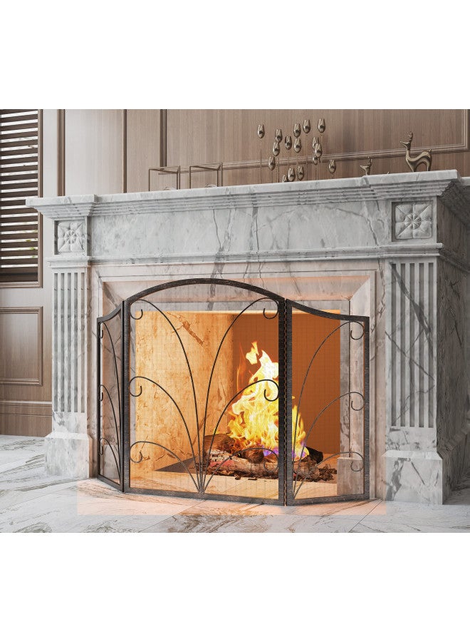 Kingson Kingson 3-Panel Arched Childproof Fireplace Screen Decorative, Handcrafted Scroll Wrought Iron Fireplace Spark Guard Cover- Brushed Copper  - Image 1