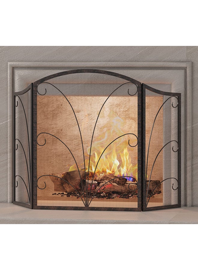 Kingson Kingson 3-Panel Arched Childproof Fireplace Screen Decorative, Handcrafted Scroll Wrought Iron Fireplace Spark Guard Cover- Brushed Copper  - Image 2