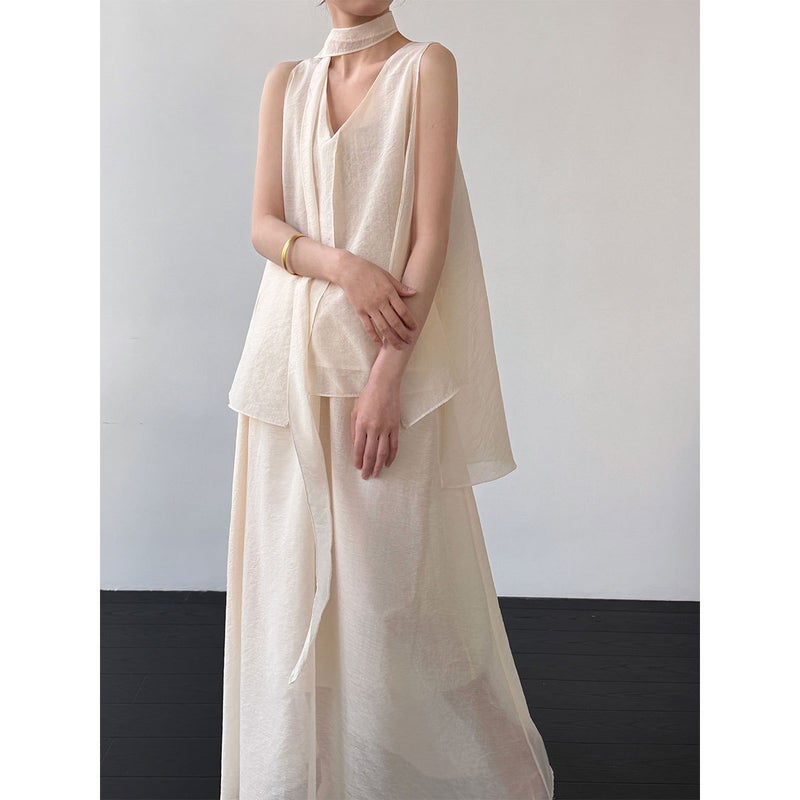 Ribbon Top & Flowing Tulle Midi Skirt Set – Solid Color Summer Two-Piece