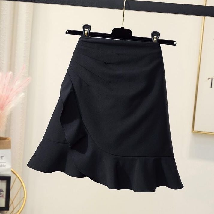 Stylish Slimming High-Waisted Irregular Fish Tail Cake Skirt Womens Summer New 2021 Black Short Skirt wavy lotus black 