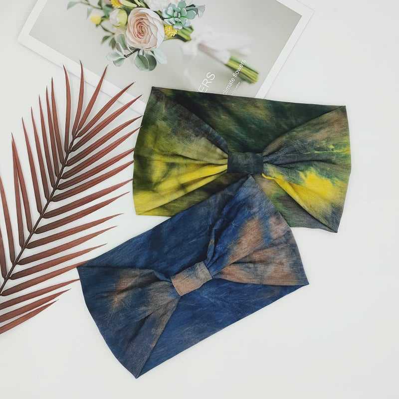 YONUF Wide Boho Headbands for Women Fashion Knotted Headband Yoga Workout Hair Accessories African Head Wrap Blue Tie Dye 4 Pack - Image 2