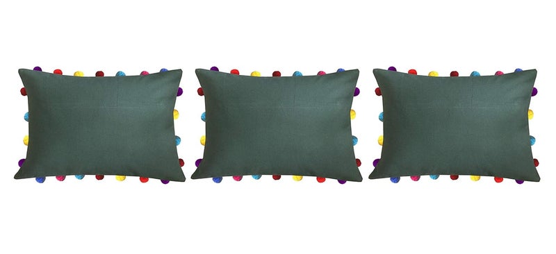 Lushomes 3 Piece Vineyard Cushion Cover with Colorful Pom Poms 14 X 20 Green - Image 1