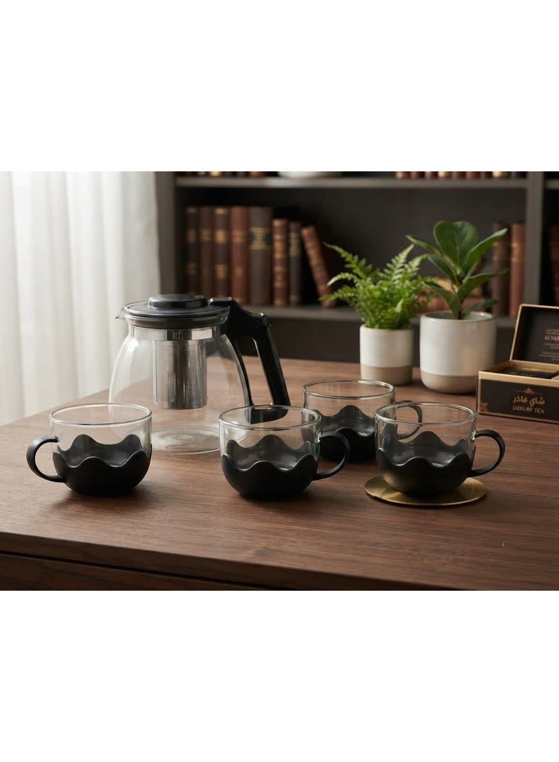 Glass teapot set with 4 cups - 1 liter capacity (5 pieces) - Image 2