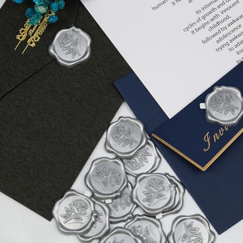 Pilloze 50 Pcs Silvery Wax Seal Stickers - Rose Style, Self Adhesive Wax Seal for Wedding Invitation, Easy Use Good Adhesion, Silvery Rose Envelope Stickers Perfect for Invitation or Seating Chart - Image 3