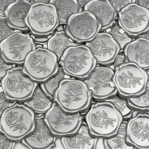 Pilloze 50 Pcs Silvery Wax Seal Stickers - Rose Style, Self Adhesive Wax Seal for Wedding Invitation, Easy Use Good Adhesion, Silvery Rose Envelope Stickers Perfect for Invitation or Seating Chart - Image 1