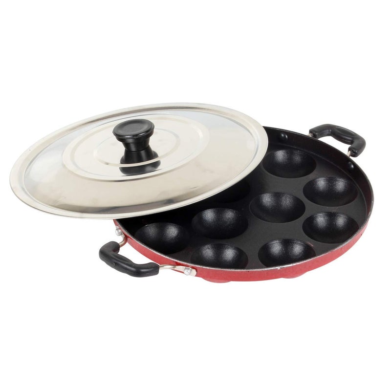 KD ZONE Fun Homes NonStick Appam Pan with Stainless Steel Lid & Wooden Picker (Maroon)-HS40KUBMART23995, Standard - Image 2